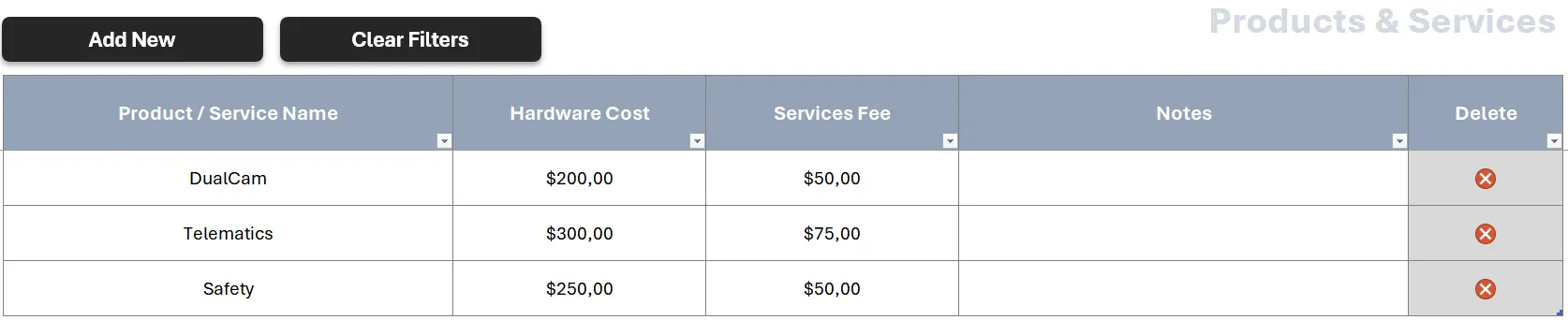 Excel worksheet showing a service list with columns for name, hardware cost, monthly fee, notes, and delete. Includes buttons for adding new services and clearing filters.